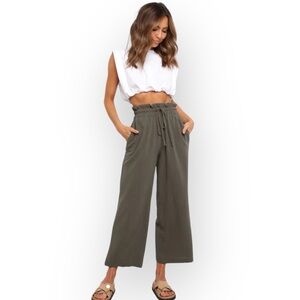 NWT Petal and Pup Hawthorne Pant in Olive Green Wide Leg Linen Blend Size 10